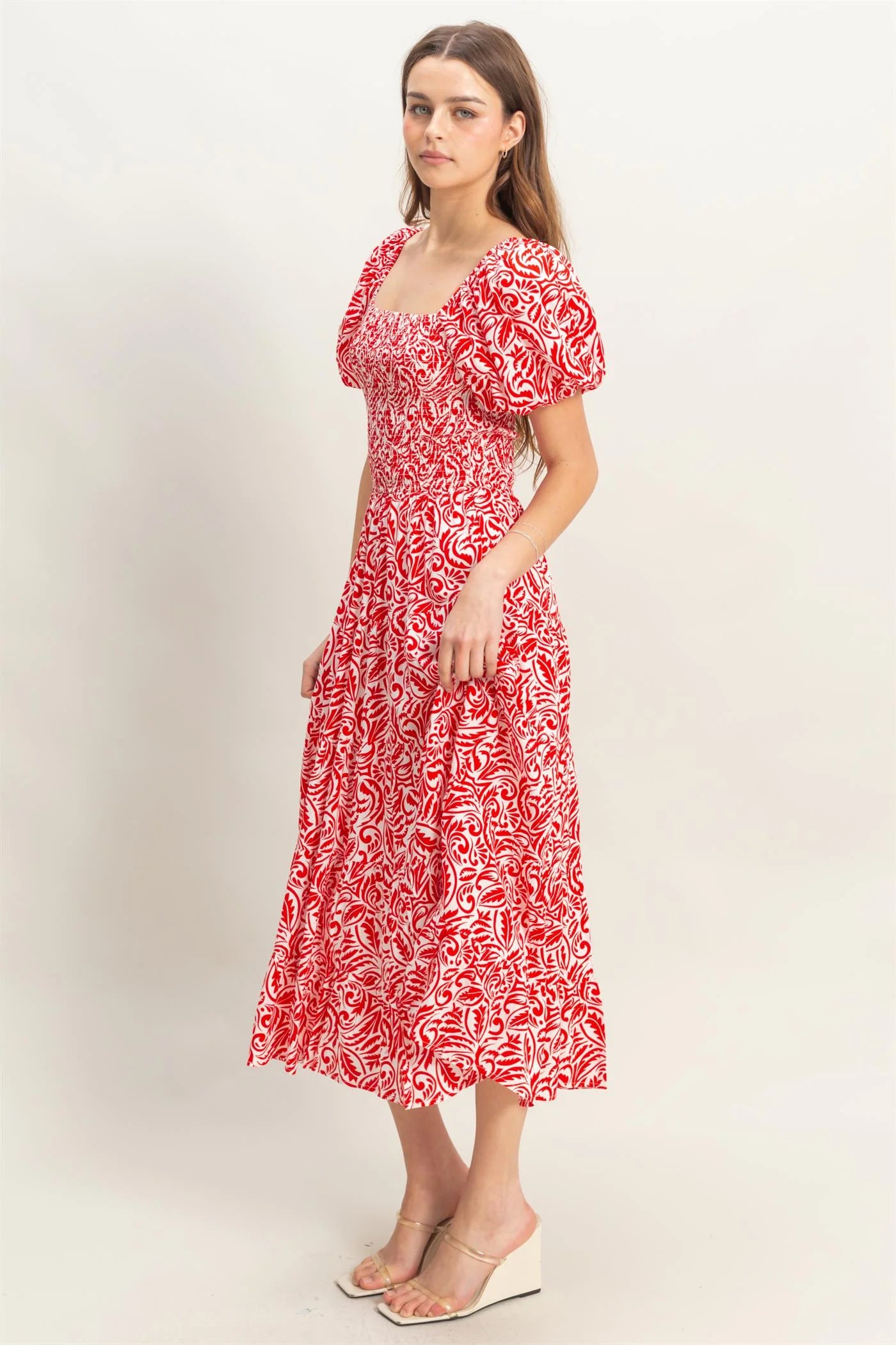 Paisley Square Neck Puff Sleeve Dress
