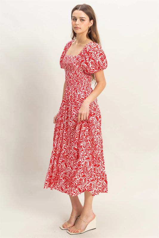 Paisley Square Neck Puff Sleeve Dress