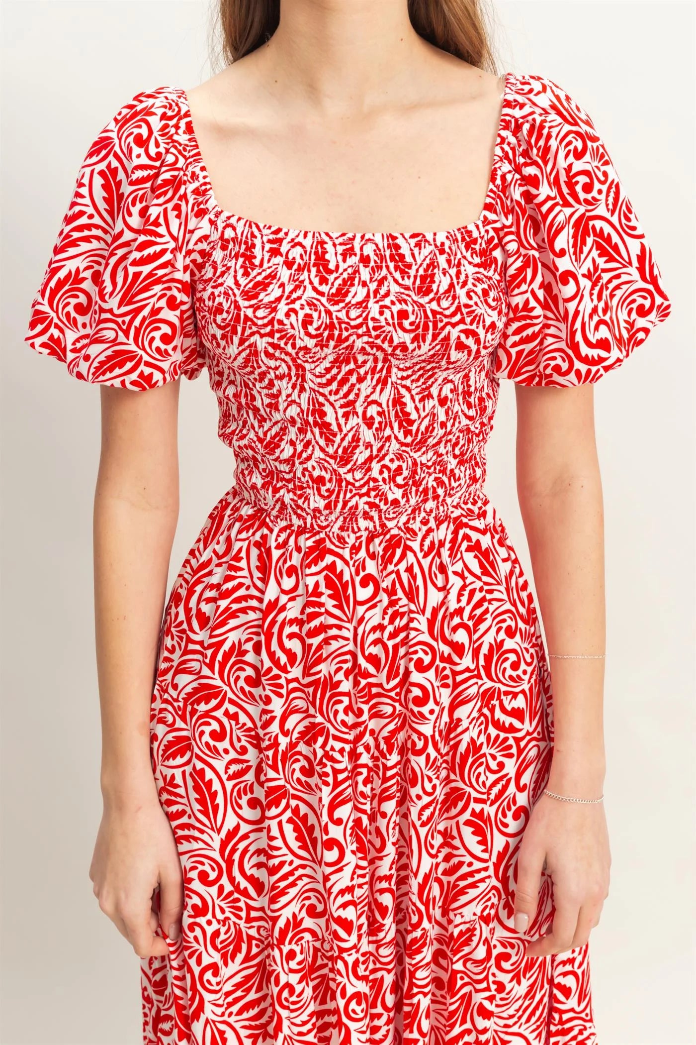 Paisley Square Neck Puff Sleeve Dress