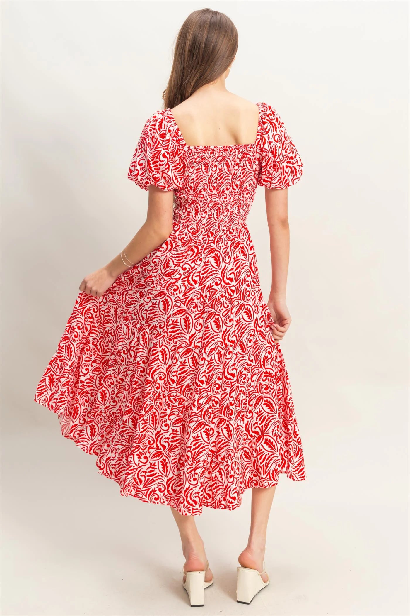 Paisley Square Neck Puff Sleeve Dress