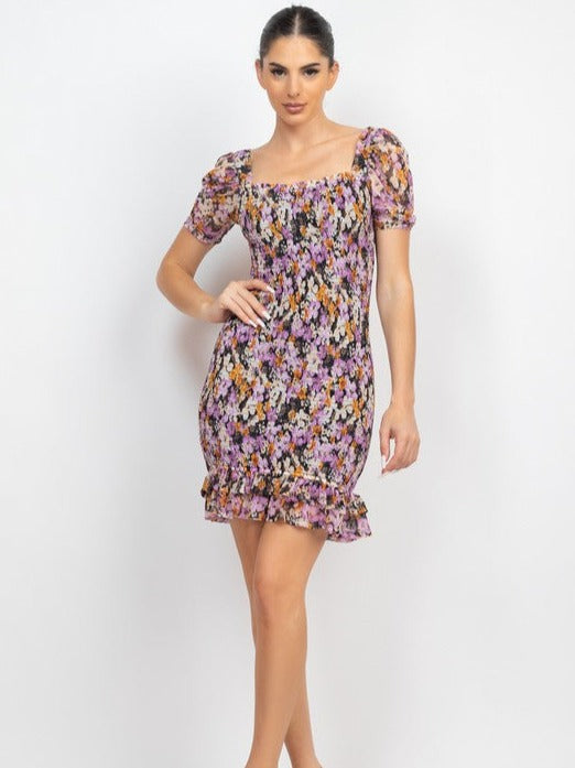 Smocked Puff Sleeve Mini Dress - Black/Lavender Exposure Clothing Smocked Puff Sleeve Mini Dress - Black/Lavender Exposure Clothing