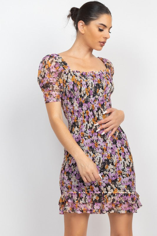 Smocked Puff Sleeve Mini Dress - Black/Lavender